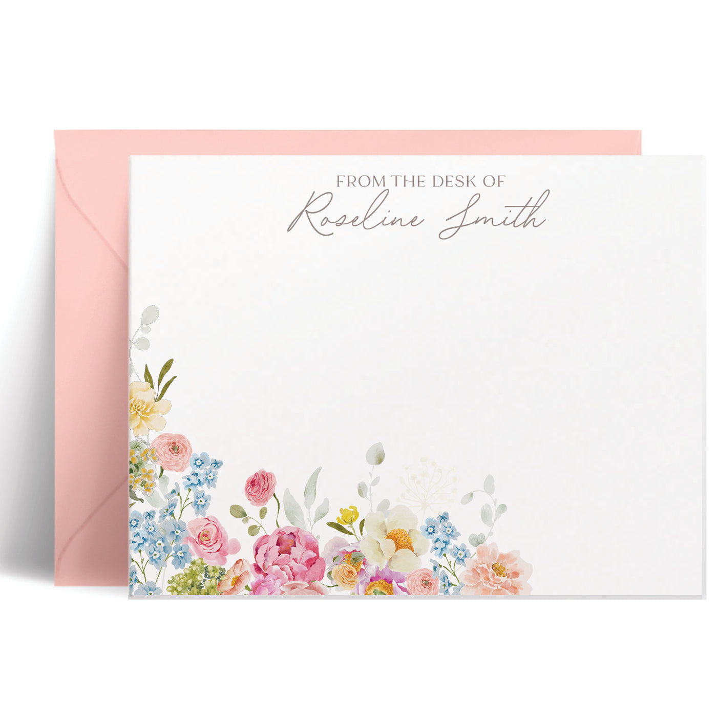 This personalized note card set is adorned with a charming, colorful bouquet of peonies and greenery along with your name in script
