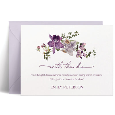 Personalized bereavement card with purple floral sprig design, elegant purple ink text, heartfelt family gratitude message, sophisticated sympathy stationery