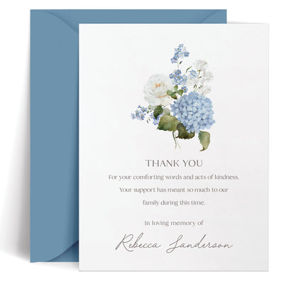Custom bereavement card with beautiful bouquet of blue hydrangeas and white roses along with a heartfelt message