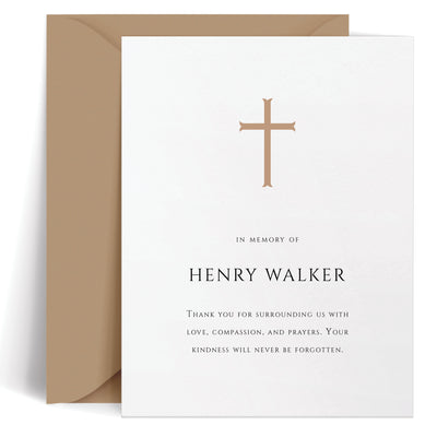 Personalized memorial card with traditional cross design and heartfelt message available in your color choice with envelope