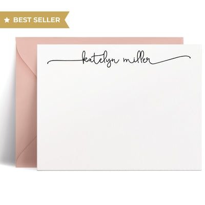 This simple and elegant flat note card set can be personalized with your name in a handwritten script font