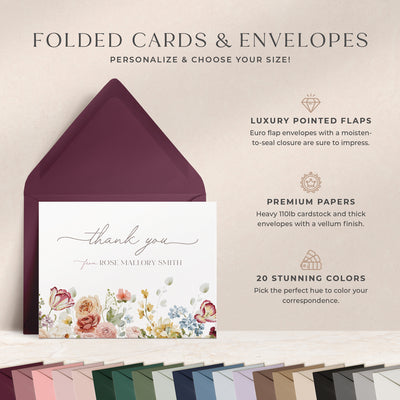 At Curio Press, you can personalize the text on the front of your note cards and select from 20 envelope colors