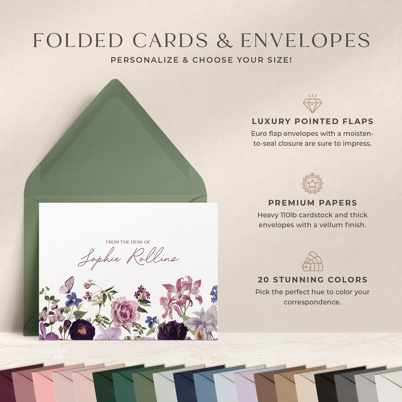 At Curio Press, you can personalize the text on the front of your note cards and select from 20 envelope colors