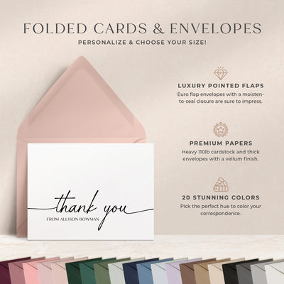 At Curio Press, you can personalize the text on the front of your note cards and select from 20 envelope colors