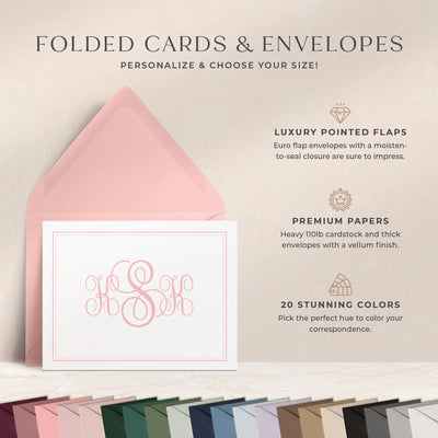 At Curio Press, you can personalize the text on the front of your note cards and select from 20 envelope colors