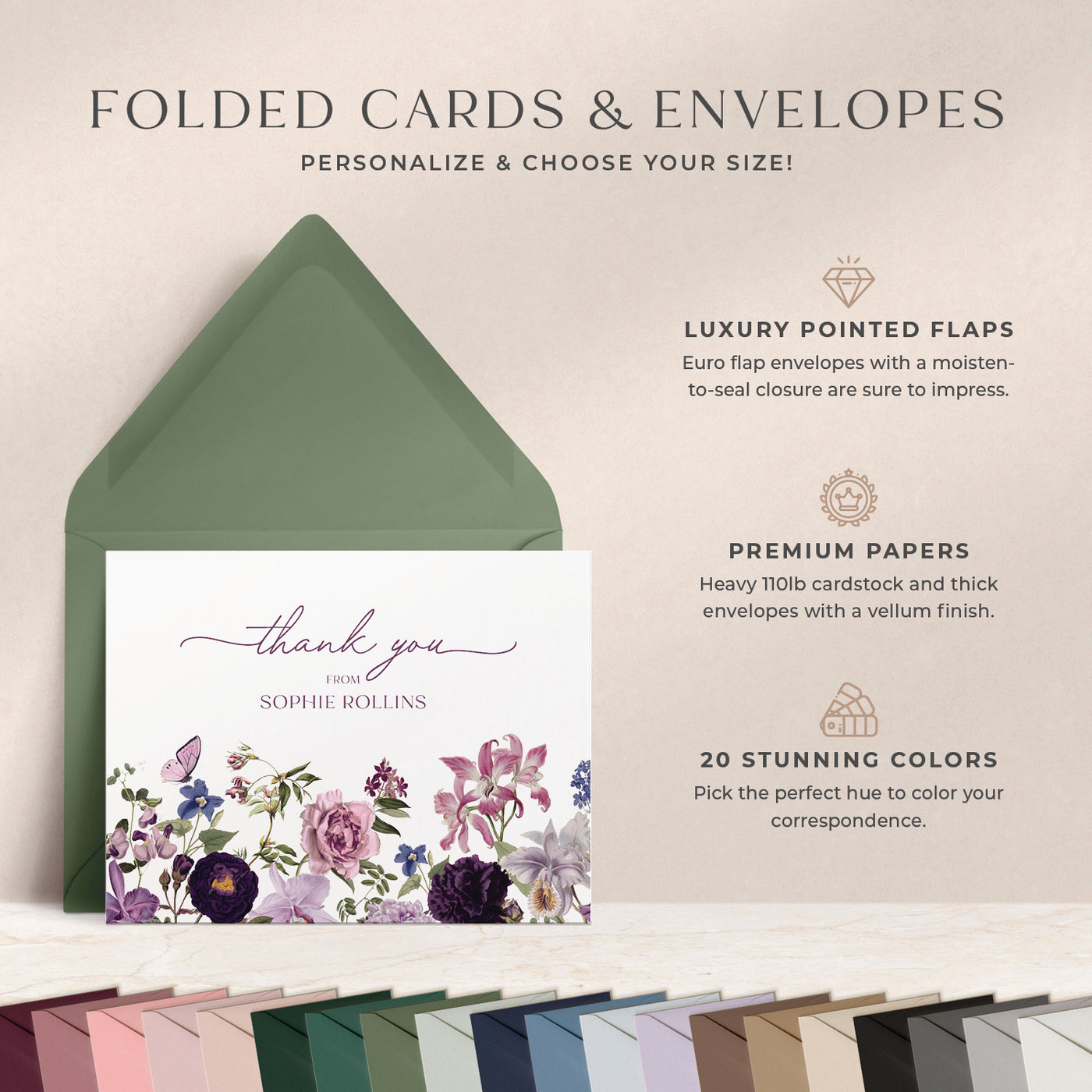 At Curio Press, you can personalize the text on the front of your note cards and select from 20 envelope colors