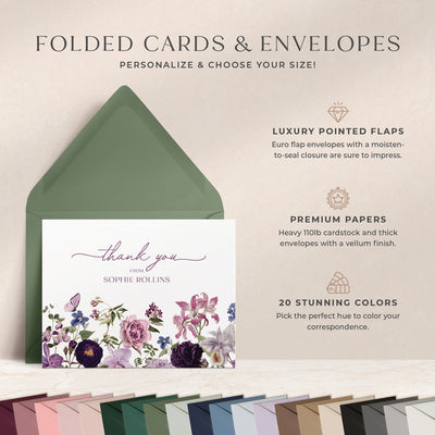 At Curio Press, you can personalize the text on the front of your note cards and select from 20 envelope colors