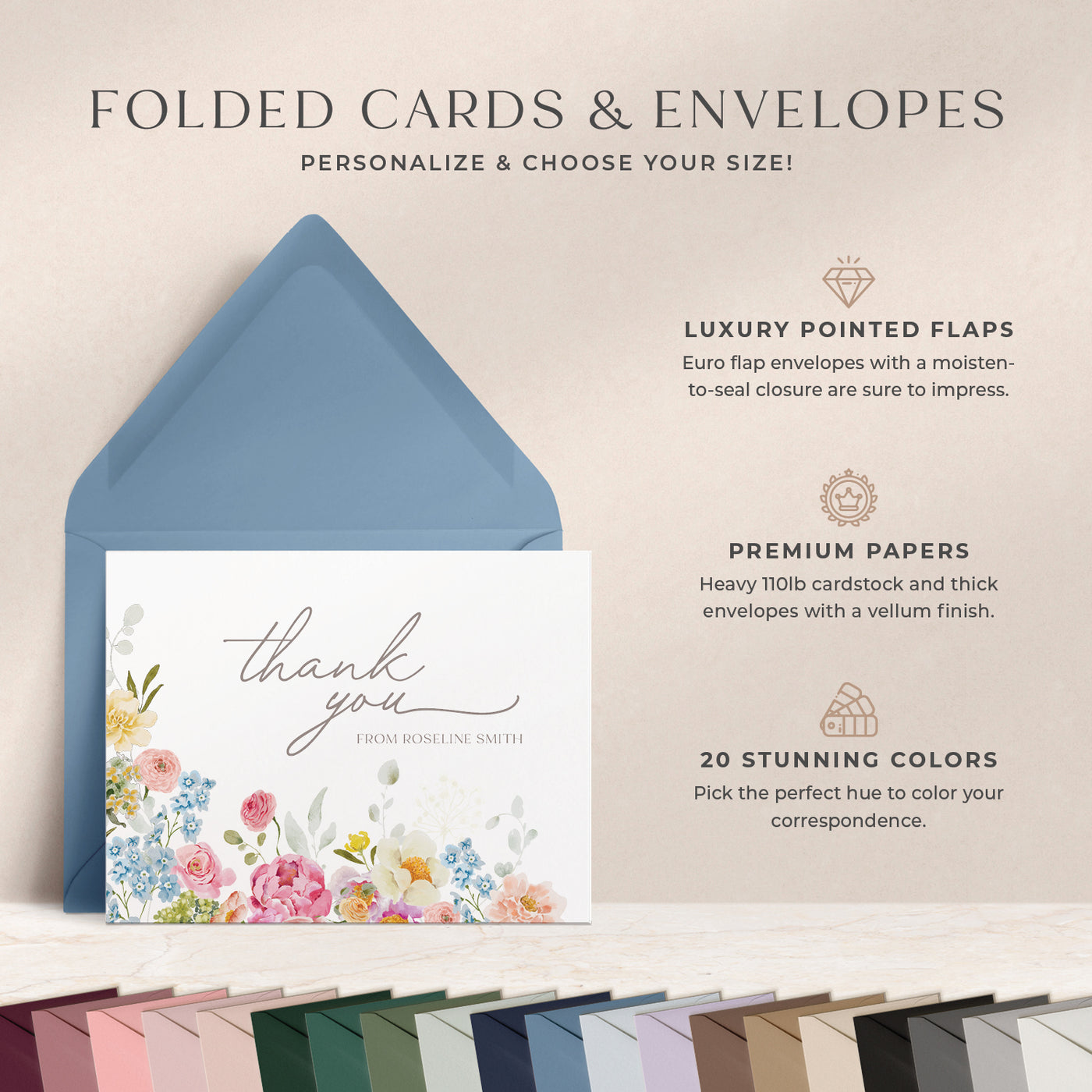 At Curio Press, you can personalize the text on the front of your note cards and select from 20 envelope colors