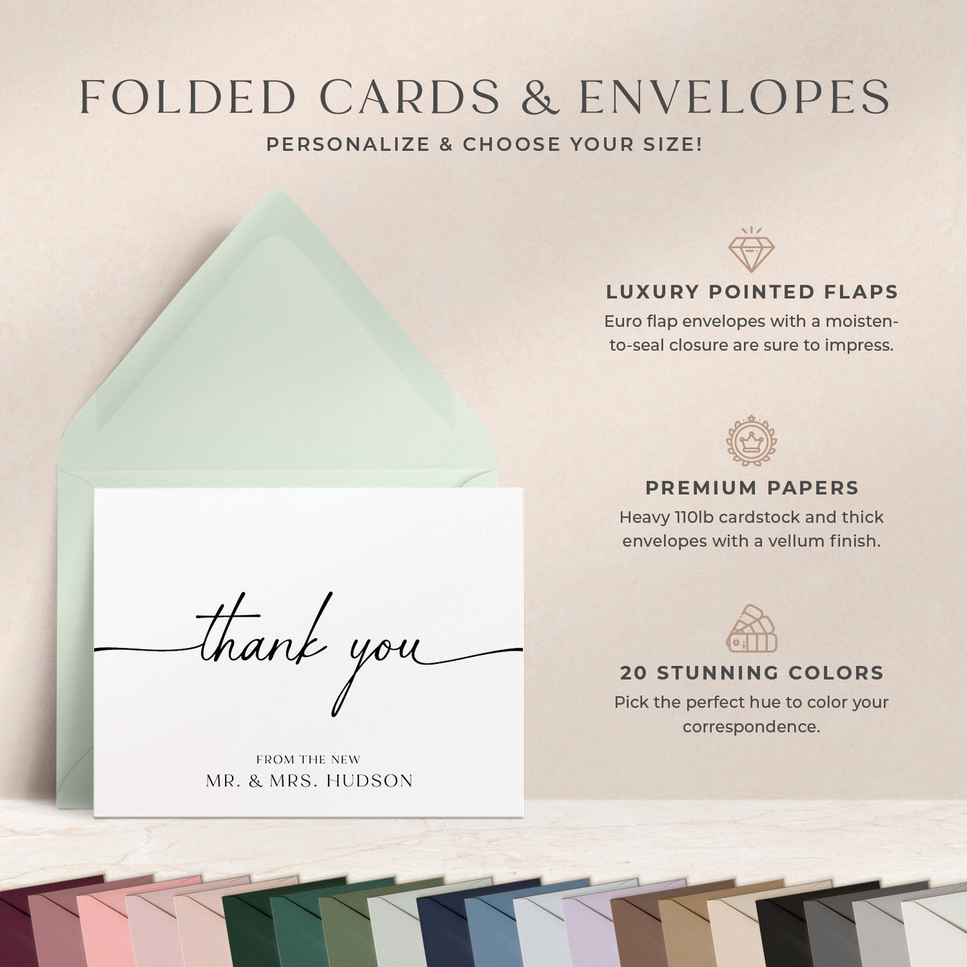At Curio Press, you can personalize the text on the front of your note cards and select from 20 envelope colors
