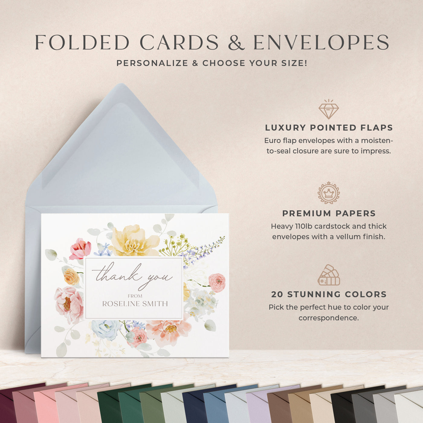 At Curio Press, you can personalize the text on the front of your note cards and select from 20 envelope colors