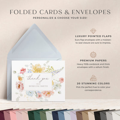 At Curio Press, you can personalize the text on the front of your note cards and select from 20 envelope colors