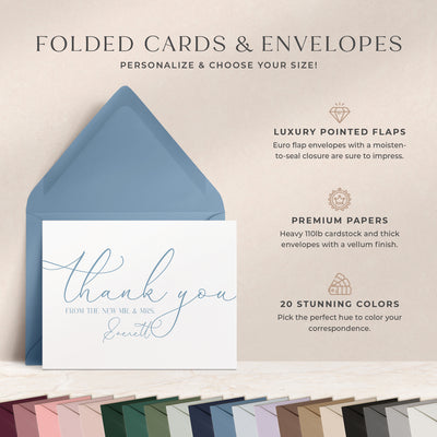 At Curio Press, you can personalize the text on the front of your note cards and select from 20 envelope colors