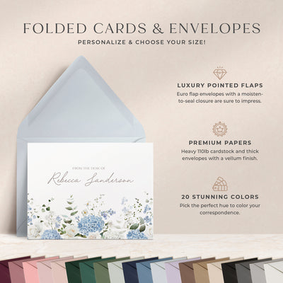 At Curio Press, you can personalize the text on the front of your note cards and select from 20 envelope colors