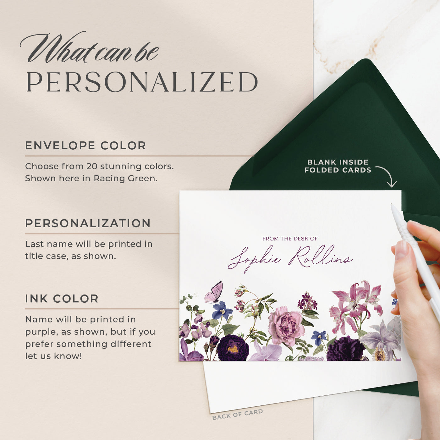 Select your personalization, envelope color and ink color on our completely custom note cards