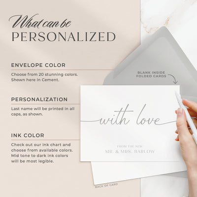 Select your personalization, envelope color and ink color on our completely custom note cards