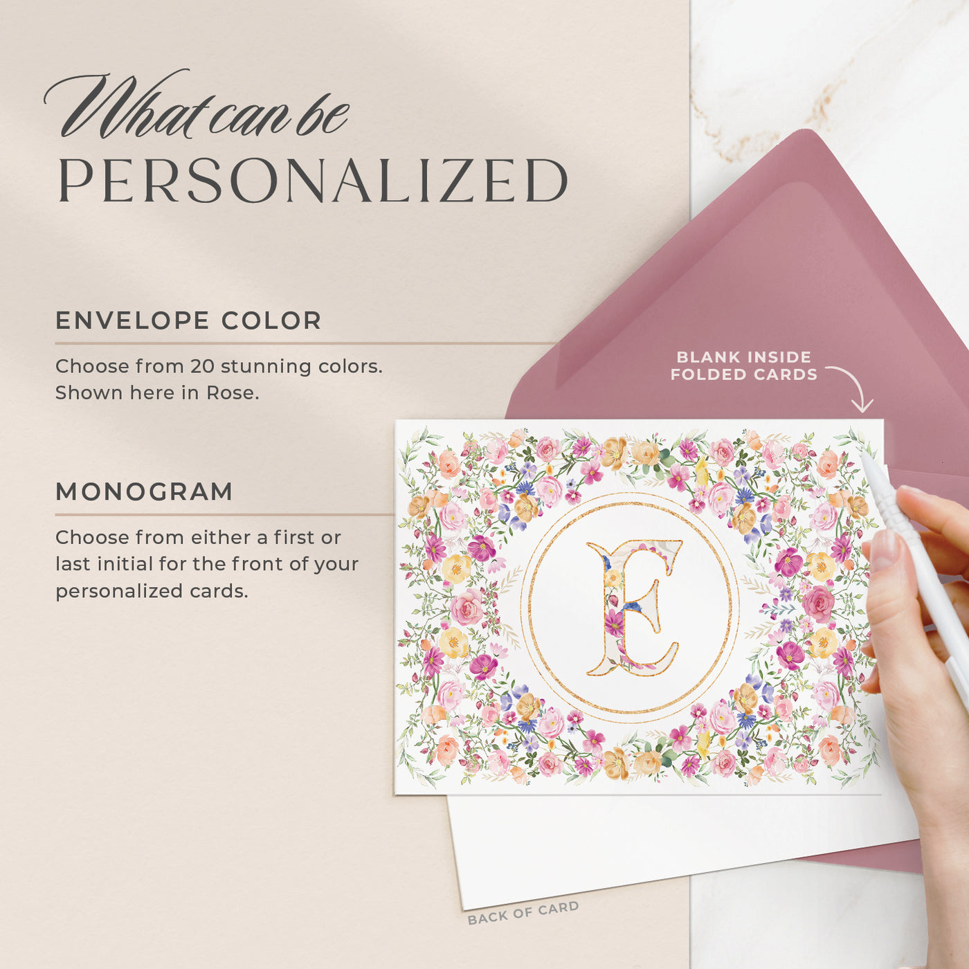 Select your personalization, envelope color and ink color on our completely custom note cards