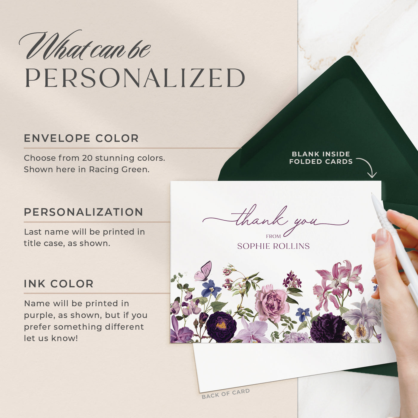 Select your personalization, envelope color and ink color on our completely custom note cards