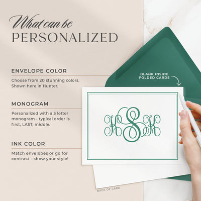Select your personalization, envelope color and ink color on our completely custom note cards