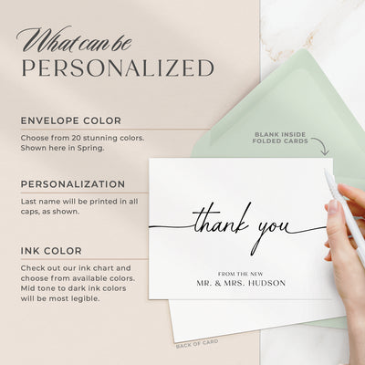 Select your personalization, envelope color and ink color on our completely custom note cards