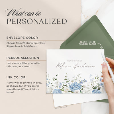Select your personalization, envelope color and ink color on our completely custom note cards