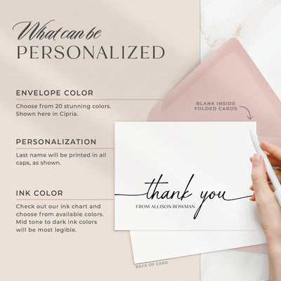 Select your personalization, envelope color and ink color on our completely custom note cards