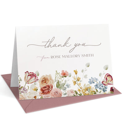 Beautiful custom thank you card set in dusty pinks and blue floral personalized with your name