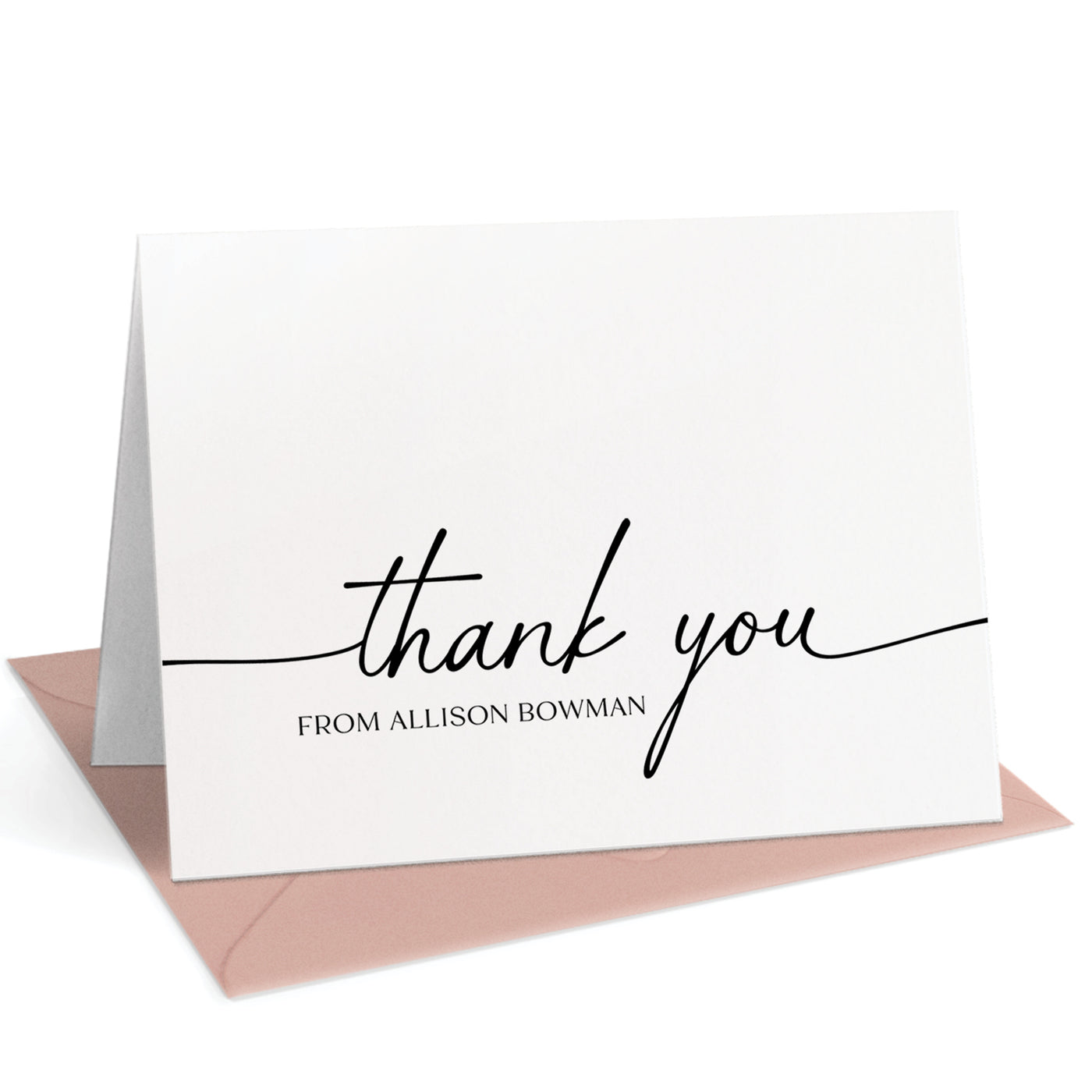 These minimalist thank you cards feature an elegant script font along with your personalized name