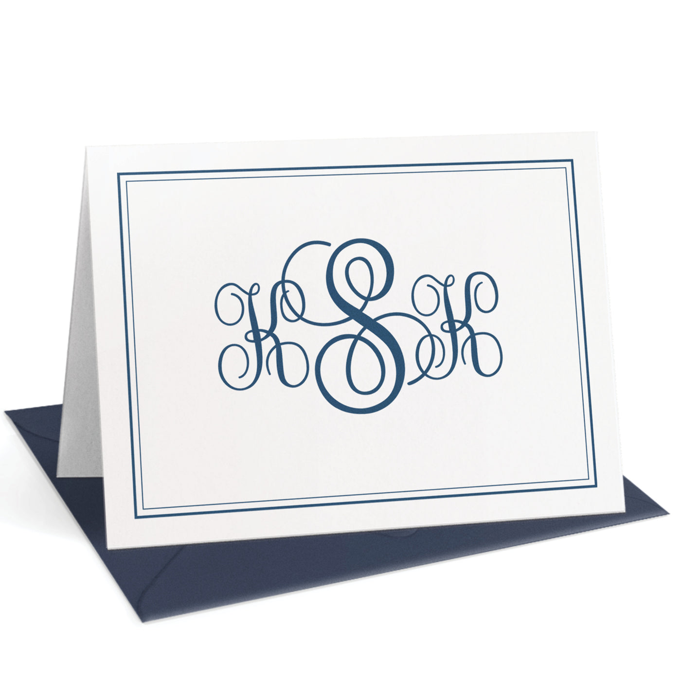 This classic folded note card set features an interlocking monogram in a lovely script font with elegant border