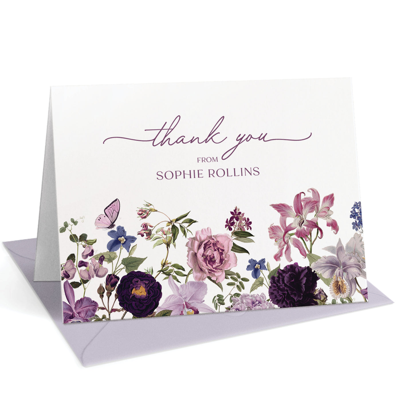 A garden of deep amethyst flowers adorns the edge of this personalized thank you card set