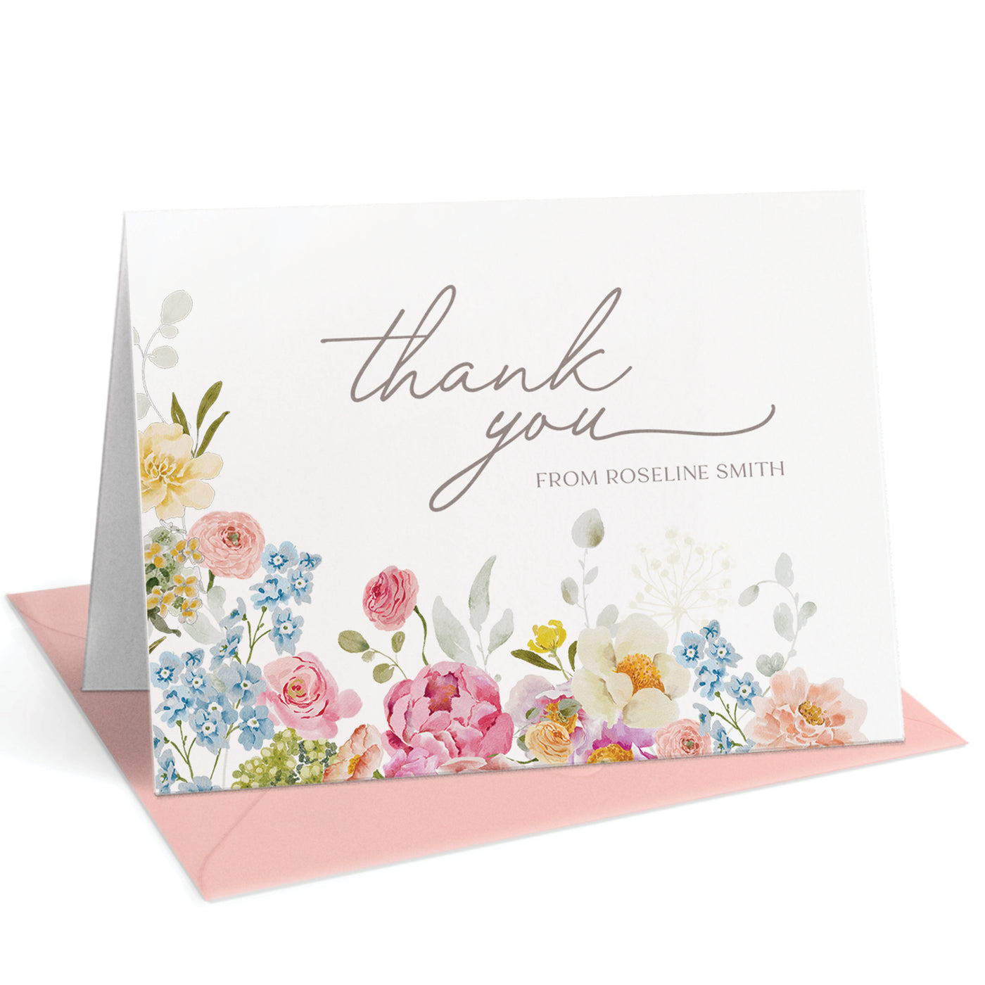 Cheerful thank you cards with bright blooms that is customized with your name
