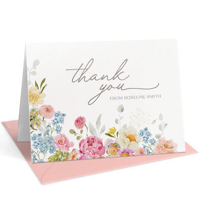 Cheerful thank you cards with bright blooms that is customized with your name
