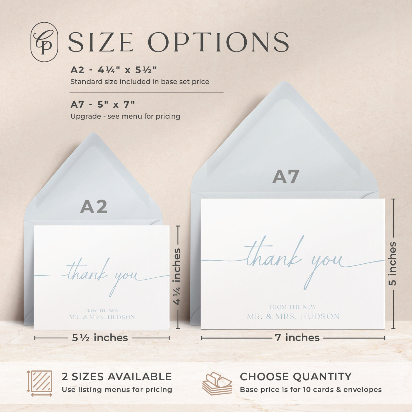 Our custom cards are available in both A2 and A7 sizes and made with thick luxe card stock