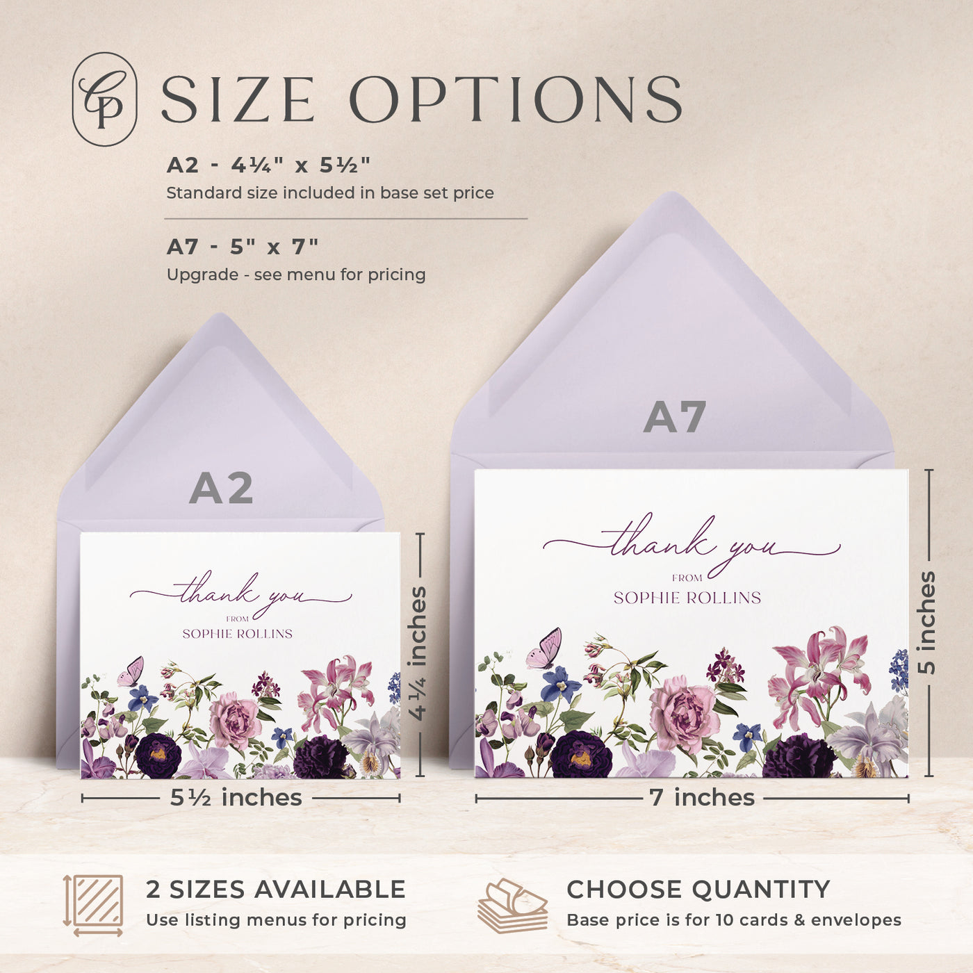 Our custom cards are available in both A2 and A7 sizes and made with thick luxe card stock