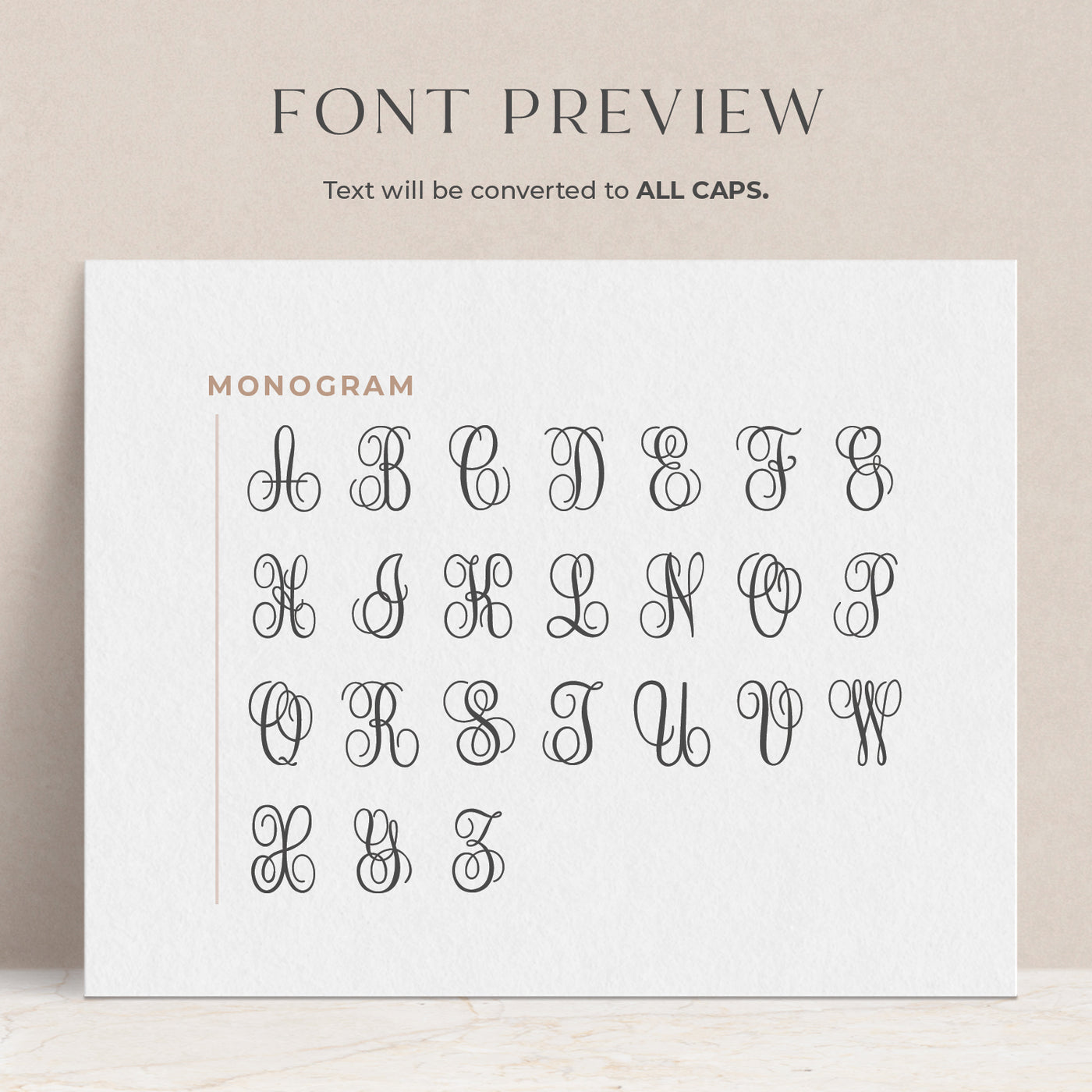 A preview of how the font will appear when printed on your personalized note cards