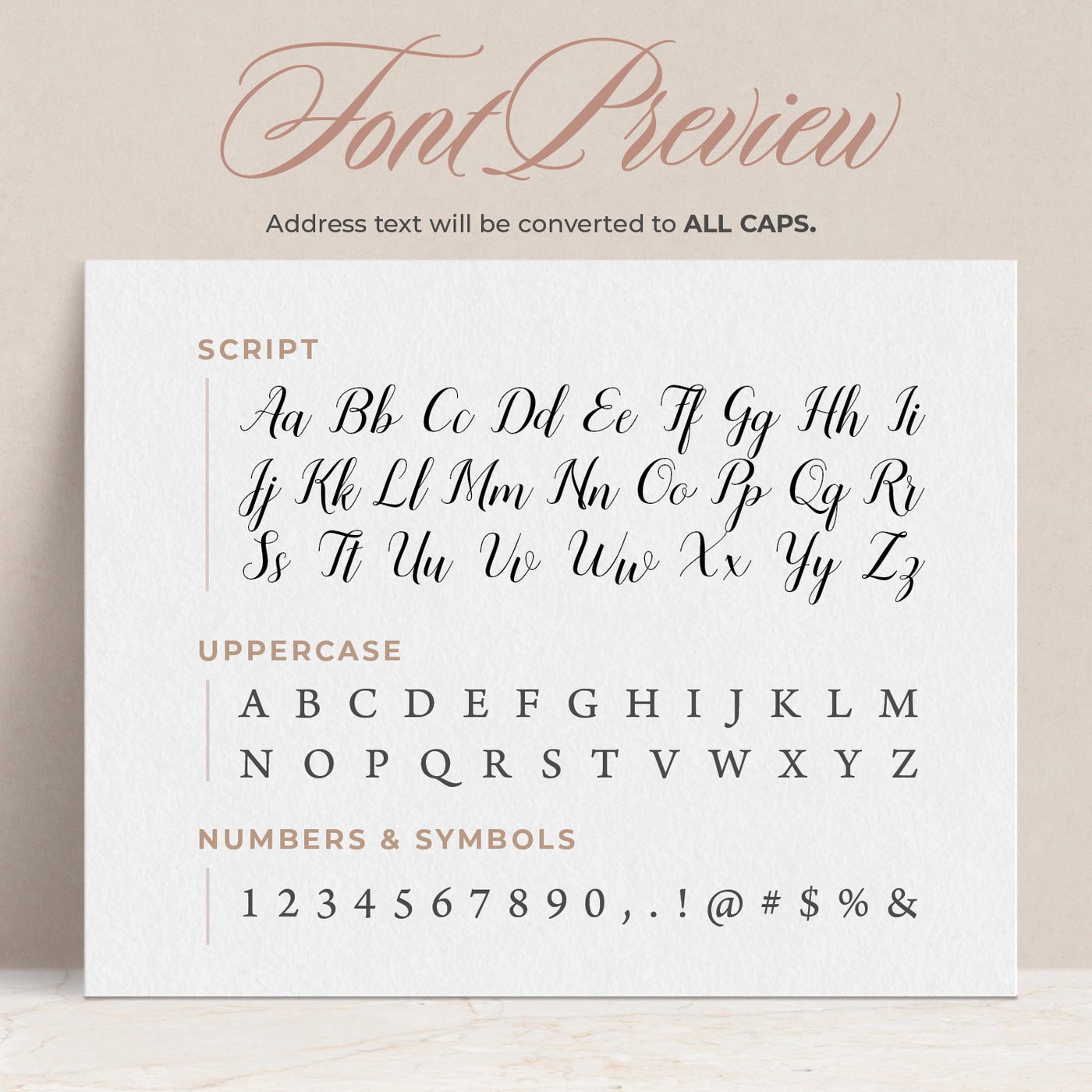 A preview of how the fonts will appear on your custom return address stamp.