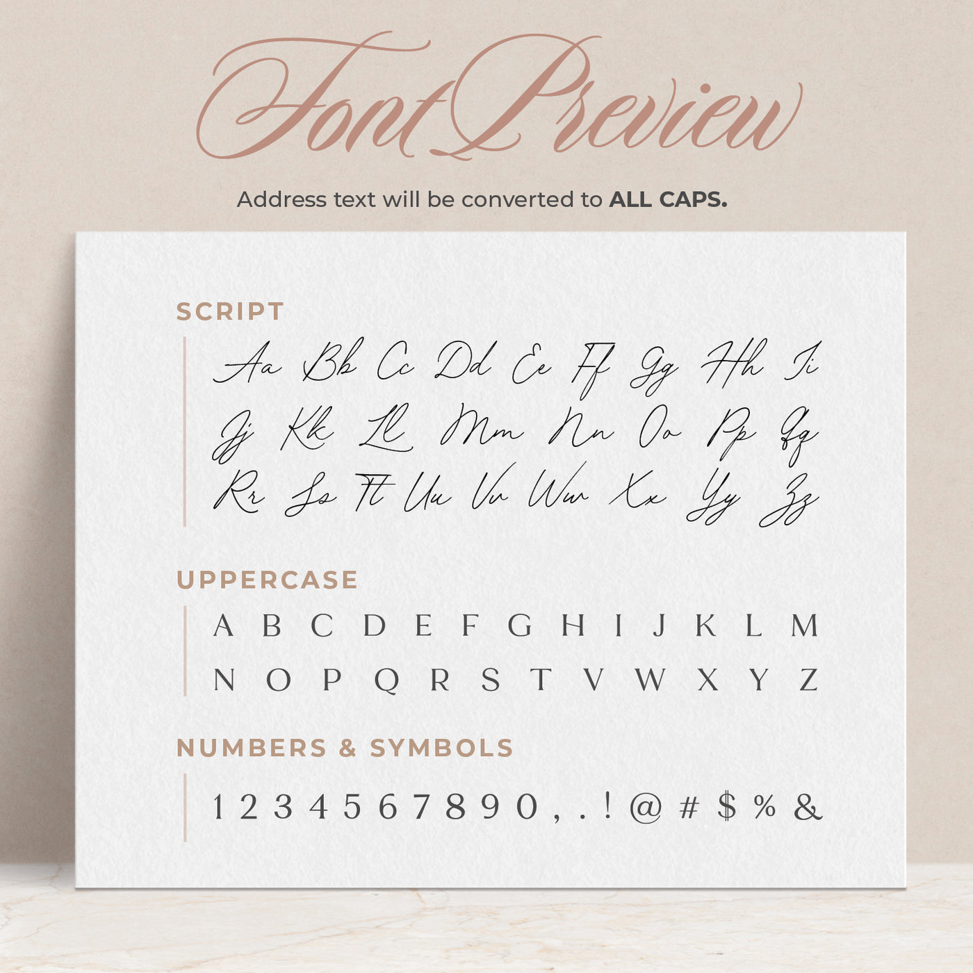 A preview of how the fonts will appear on your custom return address stamp