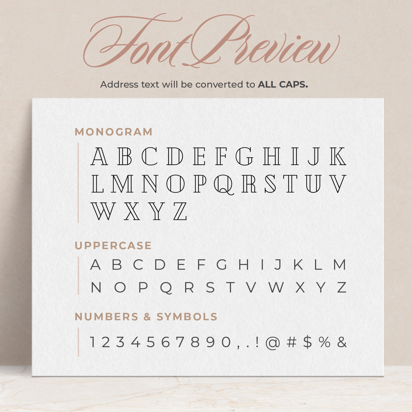 A preview of how the fonts will appear on your custom return address stamp