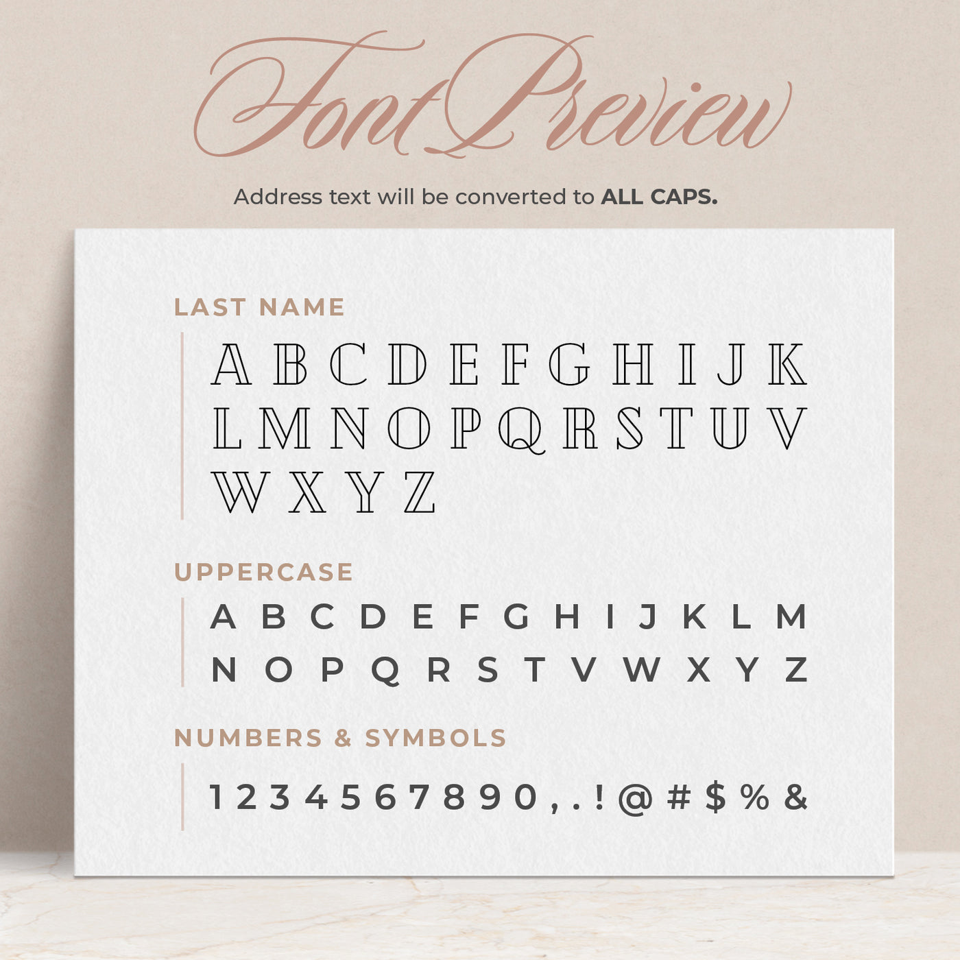 A preview of how your fonts will look on your custom return address stamp
