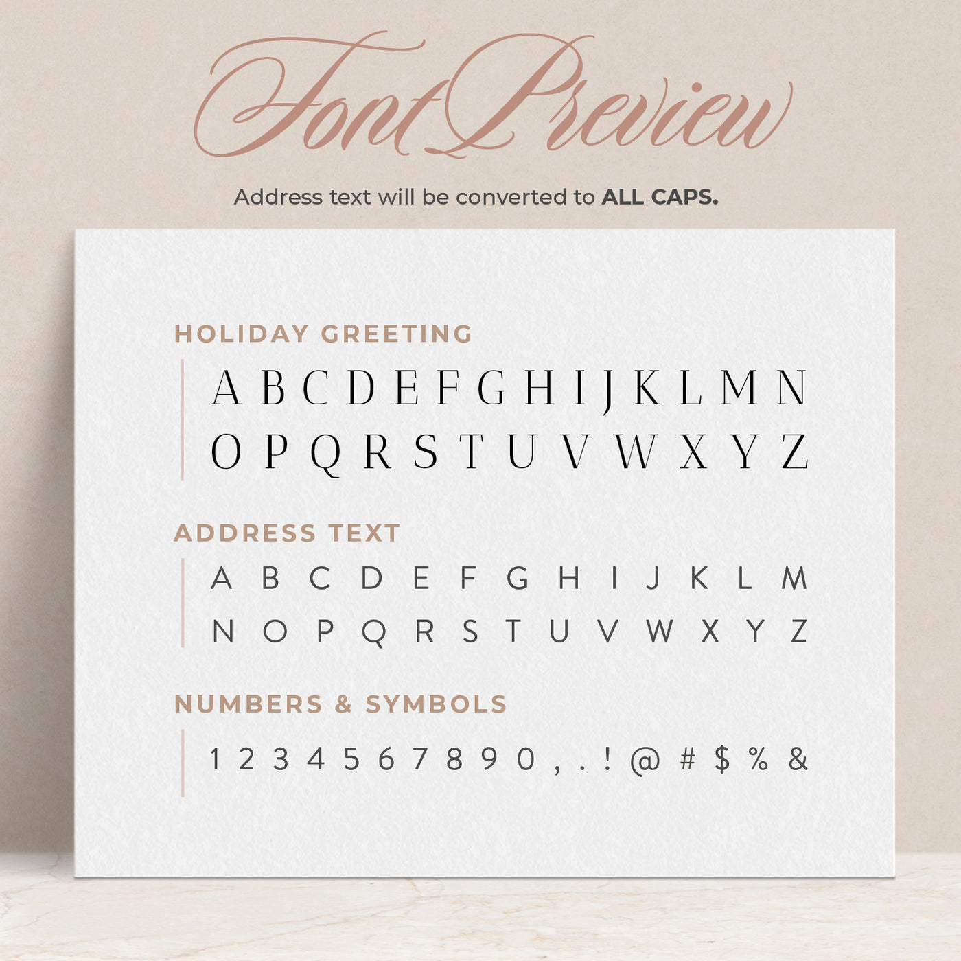 A preview of how your fonts will appear on your custom holiday address stamp