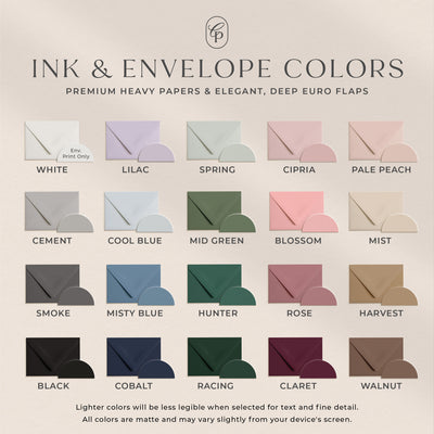 Choose from 20 stunning ink and envelope colors featuring elegant, deep euro flaps