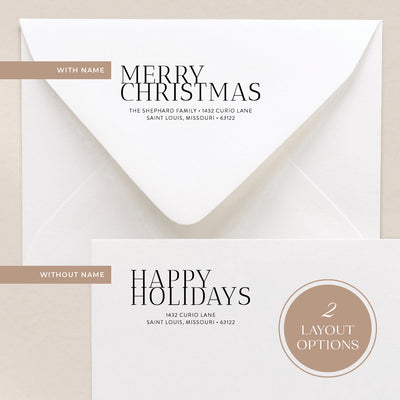 Custom holiday card address stamps are shown in two options; with and without a name
