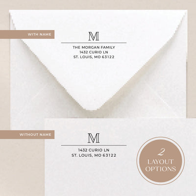 Our custom address stamps come in 2 layout options where you can include a name or have your address only