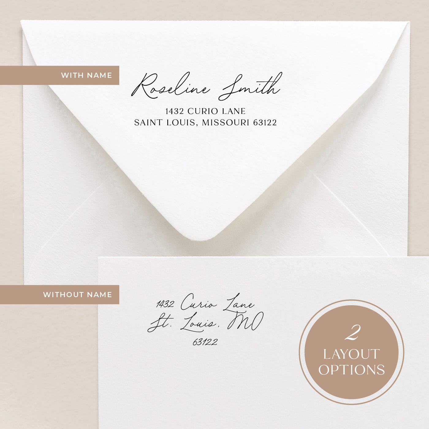 Our custom address stamps come in 2 layout options where you can include a name or have your address only