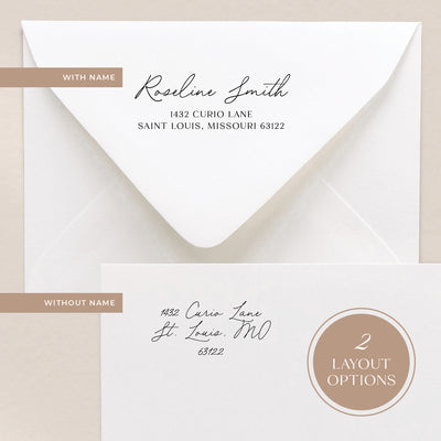 Our custom address stamps come in 2 layout options where you can include a name or have your address only