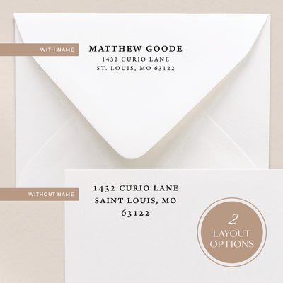 Our custom address stamps come in 2 layout options where you can include a name or have your address only