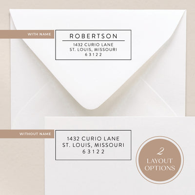 Our custom address stamps come in 2 layout options where you can include a name or have your address only