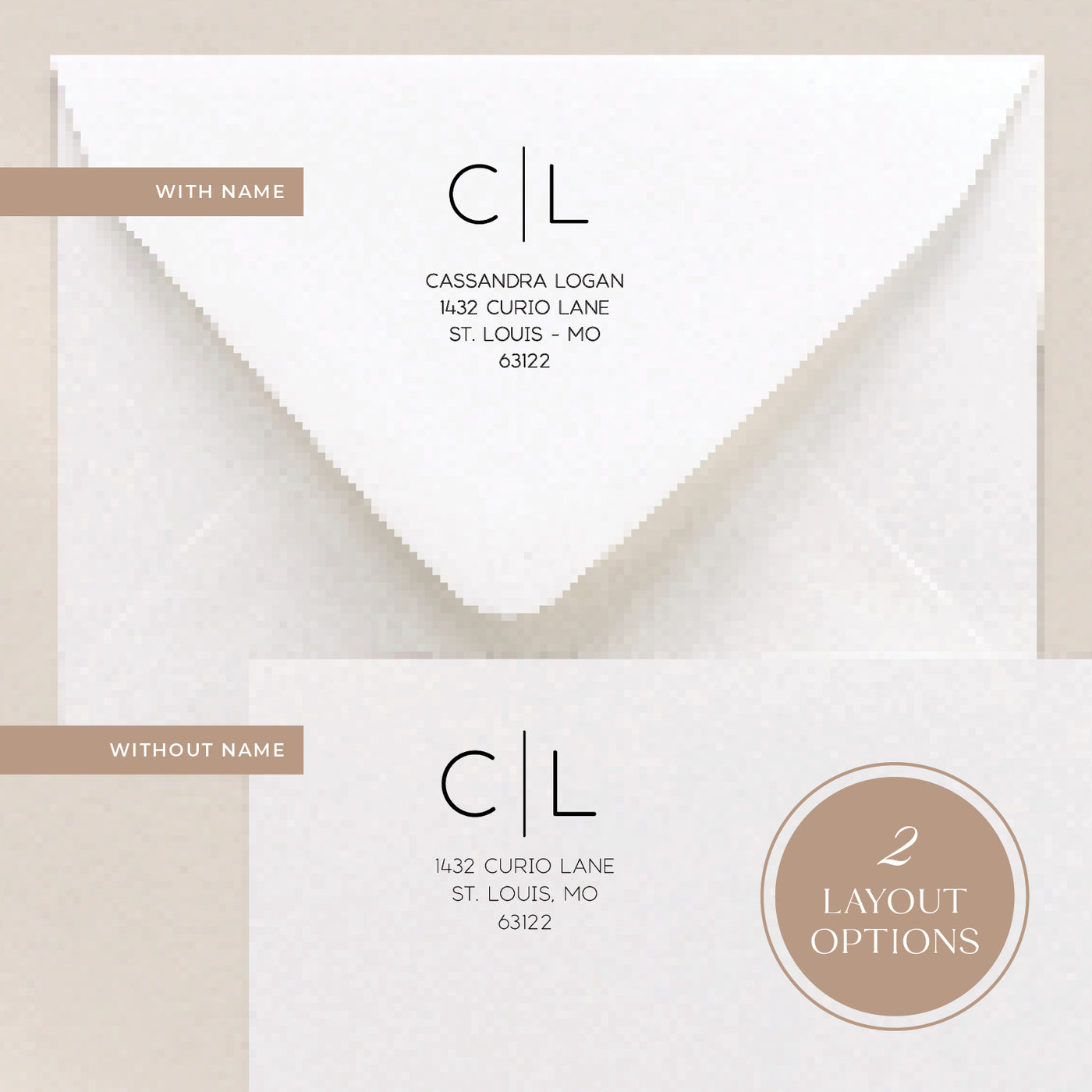 Our custom address stamps come in 2 layout options where you can include a name or have your address only