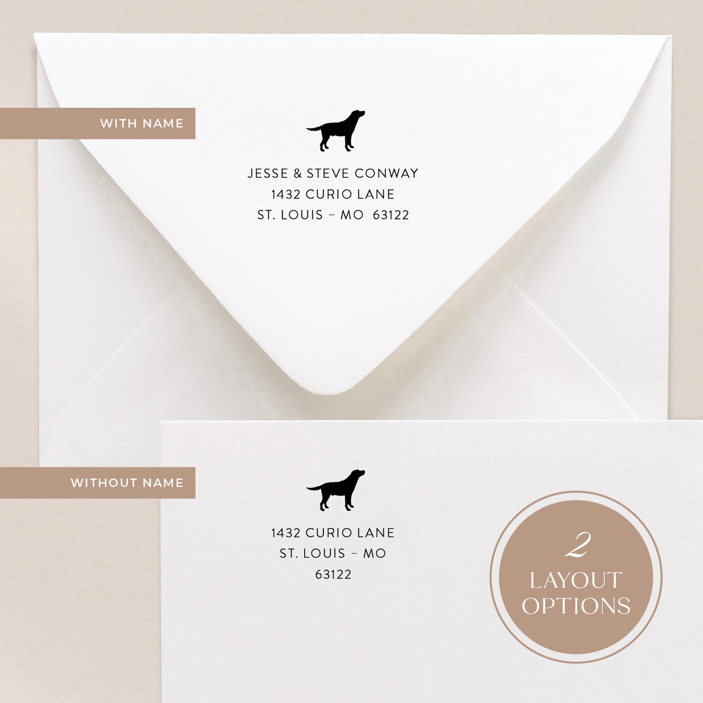 Our custom address stamps come in 2 layout options where you can include a name or have your address only