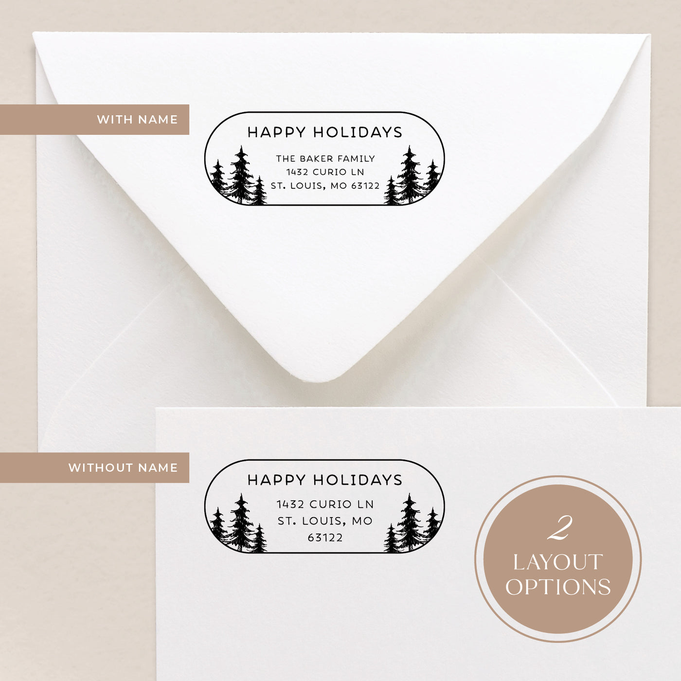 Envelope with personalized Christmas tree address stamp design on a beige background