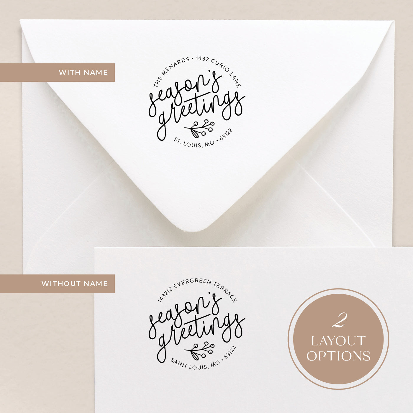 Personalized 'Season's Greetings' stamp design offered in two options; with and without a name